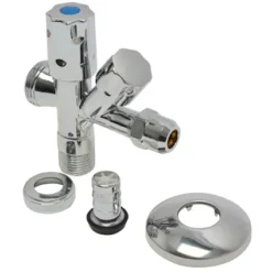 Vanne D'arrêt D'angle Double Avec Rosette + Raccord De Flexible Sanivesk Chrome Filetage Mâle 1/2" X 10 mm X Filetage Mâle 3/4"